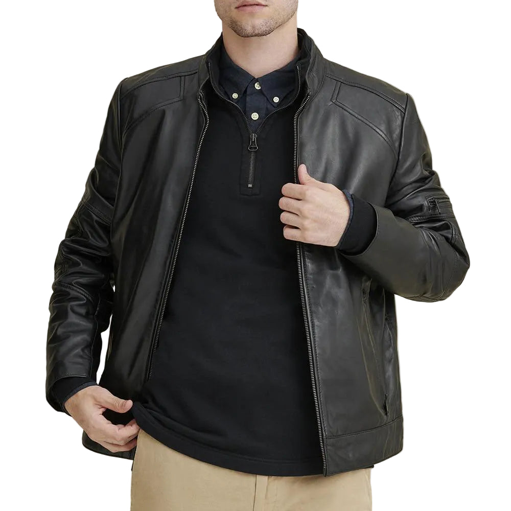men’s black cowhide leather biker jacket front view