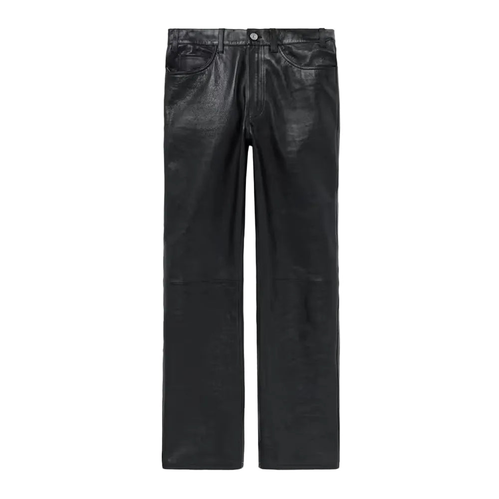 men’s black cowhide leather pants front view
