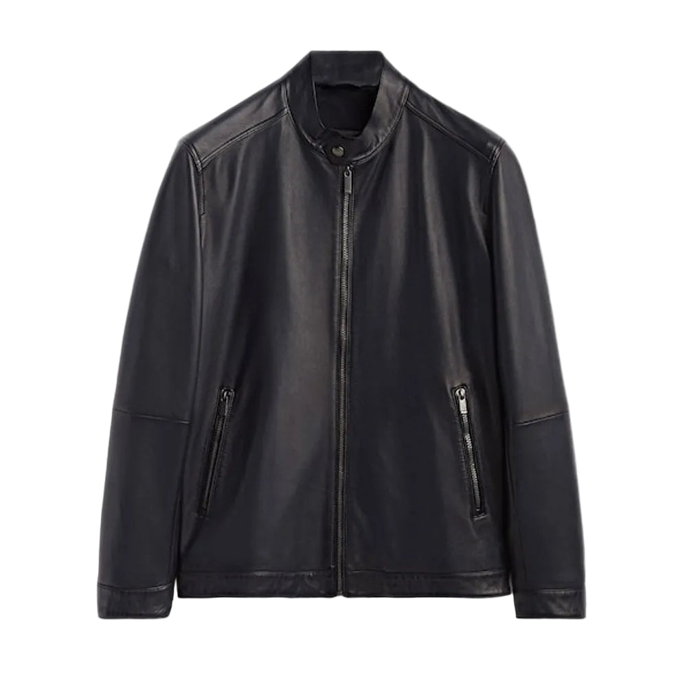 men’s black sheepskin leather jacket front view