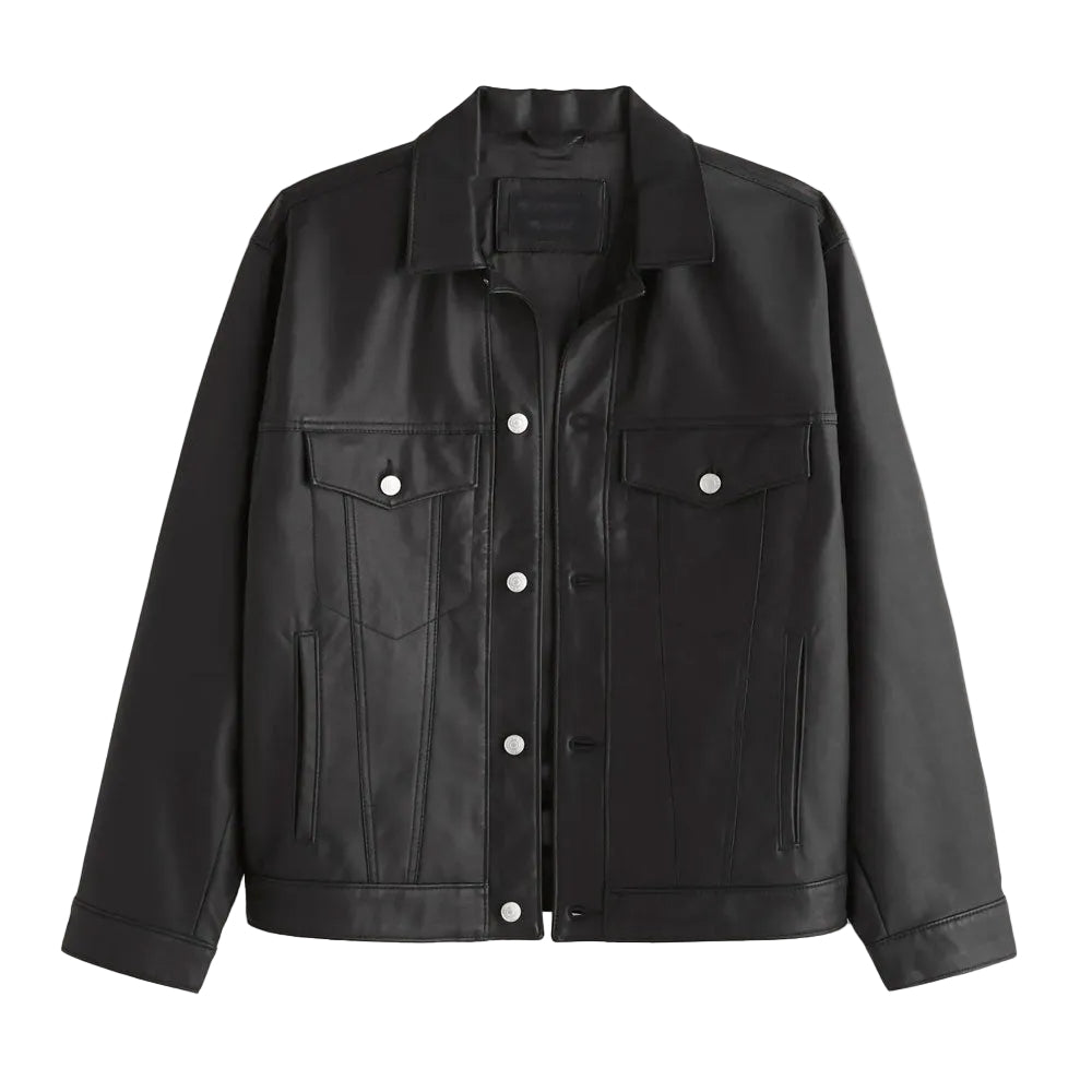 men’s black cowhide leather trucker jacket front view