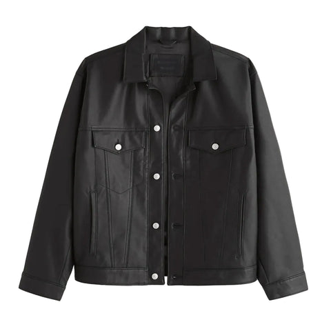 men’s black cowhide leather trucker jacket front view