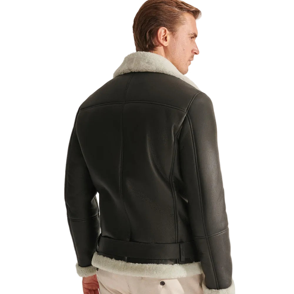 men’s black sheepskin leather aviator jacket side angle