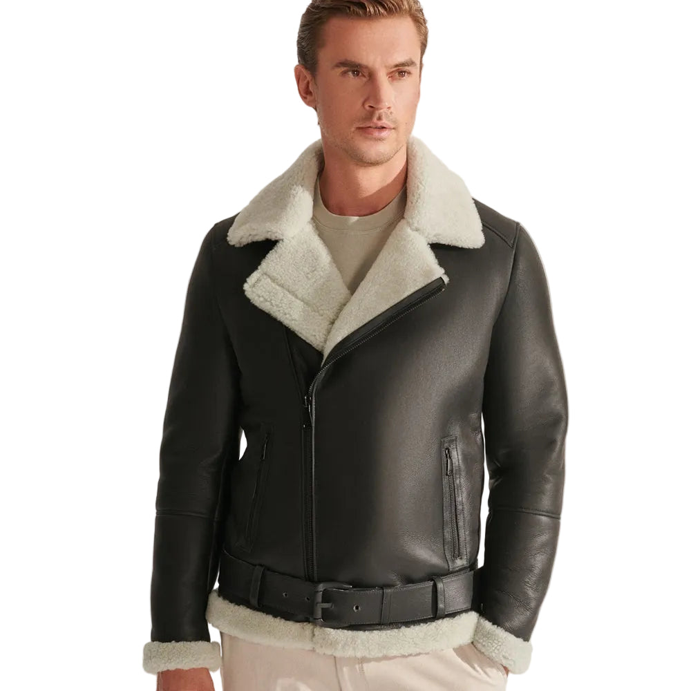 men’s black sheepskin leather aviator jacket front view