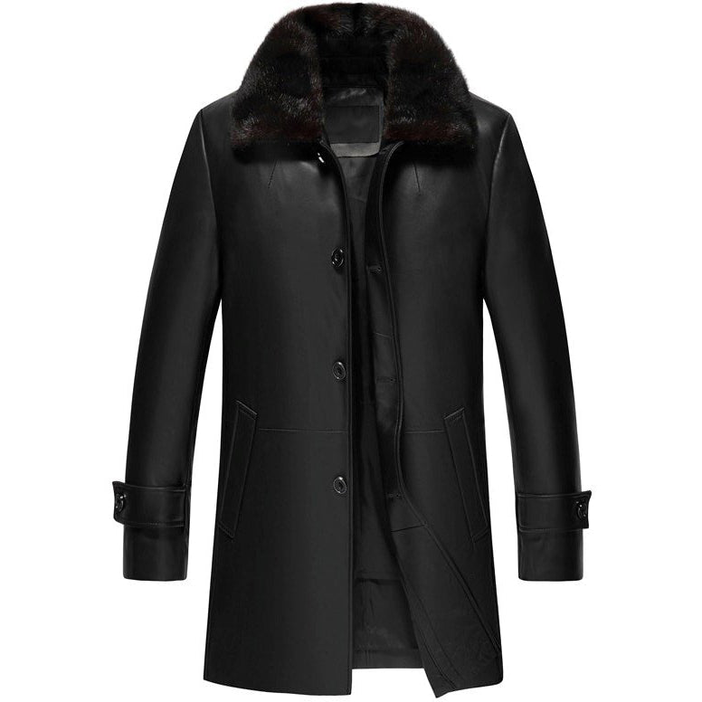 men’s black sheepskin leather sheepskin coat front view