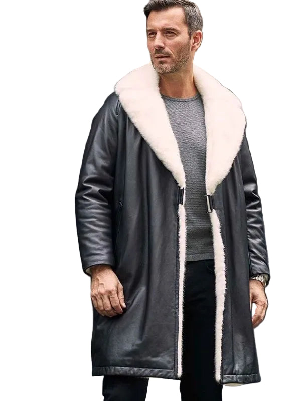 Men’s Black Shearling Leather Long Trench Coat