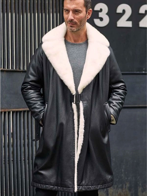 men’s black sheepskin leather trench coat side angle