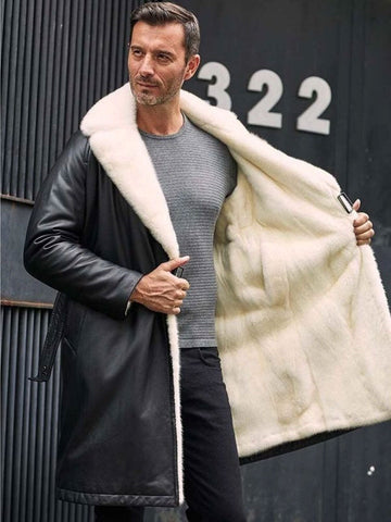 men’s black sheepskin leather trench coat back view