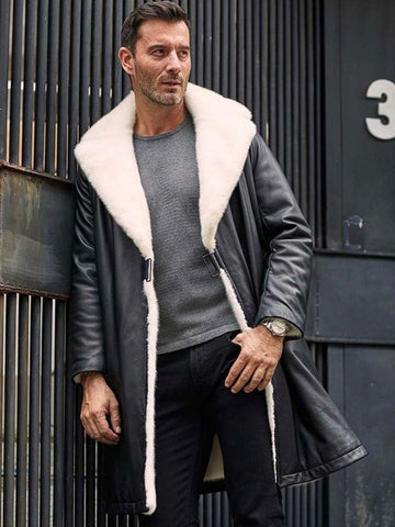 men’s black sheepskin leather trench coat detail view