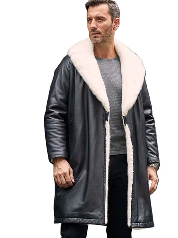 men’s black sheepskin leather trench coat front view