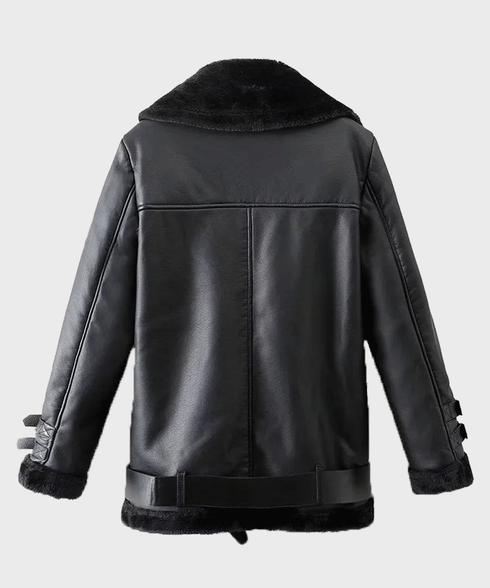 men’s black sheepskin leather jacket side angle