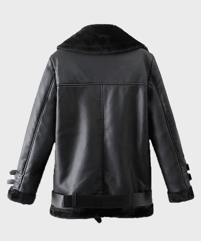 men’s black sheepskin leather jacket side angle