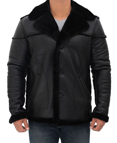 men’s black sheepskin leather sheepskin coat front view