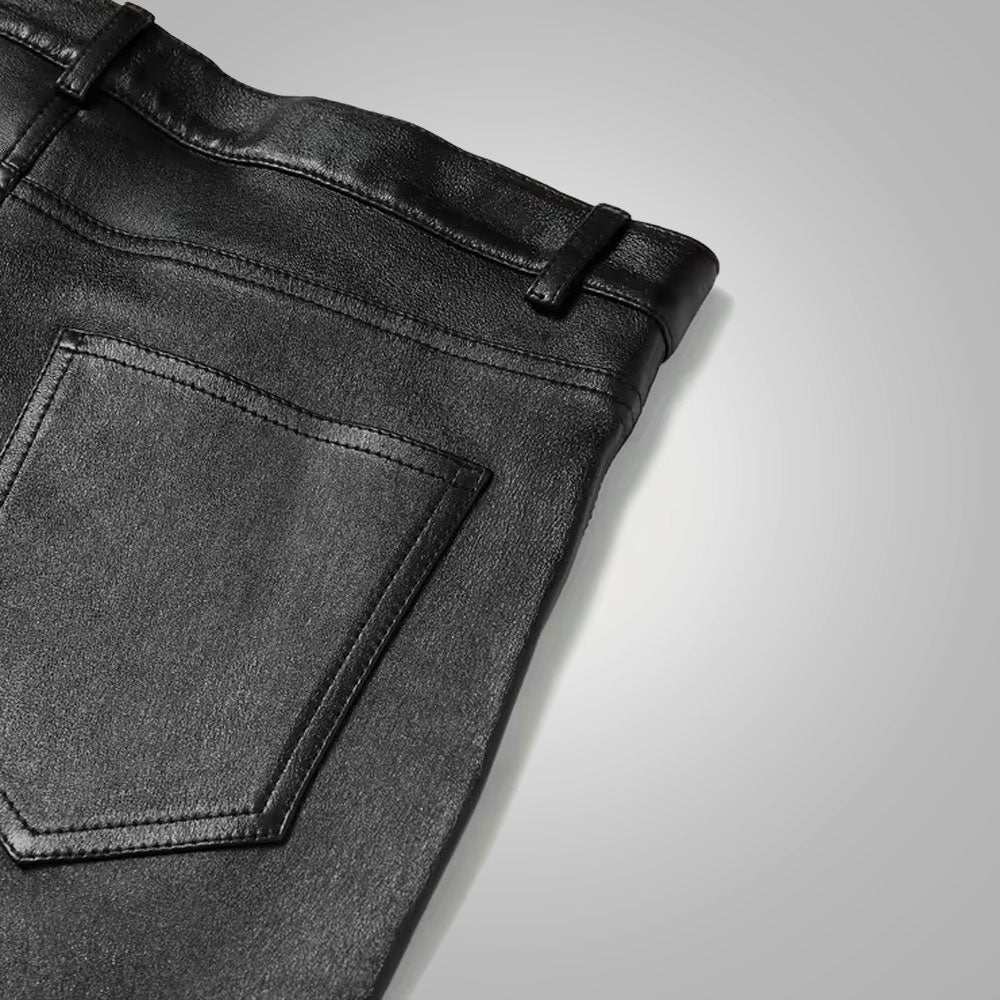men’s black sheepskin leather pants detail view