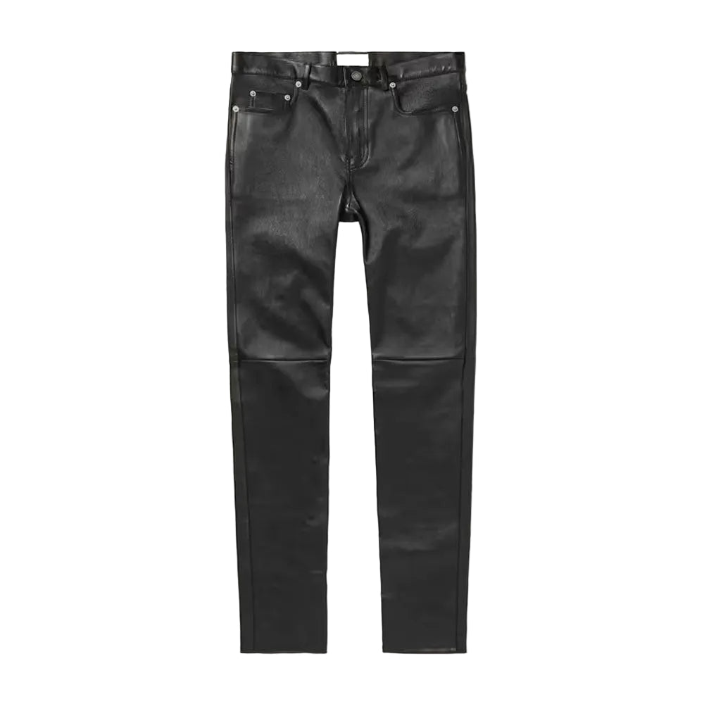 men’s black sheepskin leather pants front view