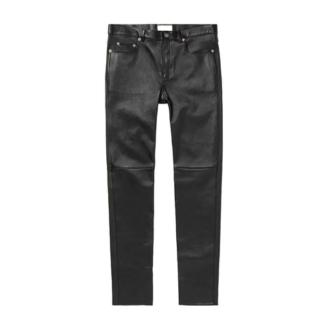 men’s black sheepskin leather pants front view