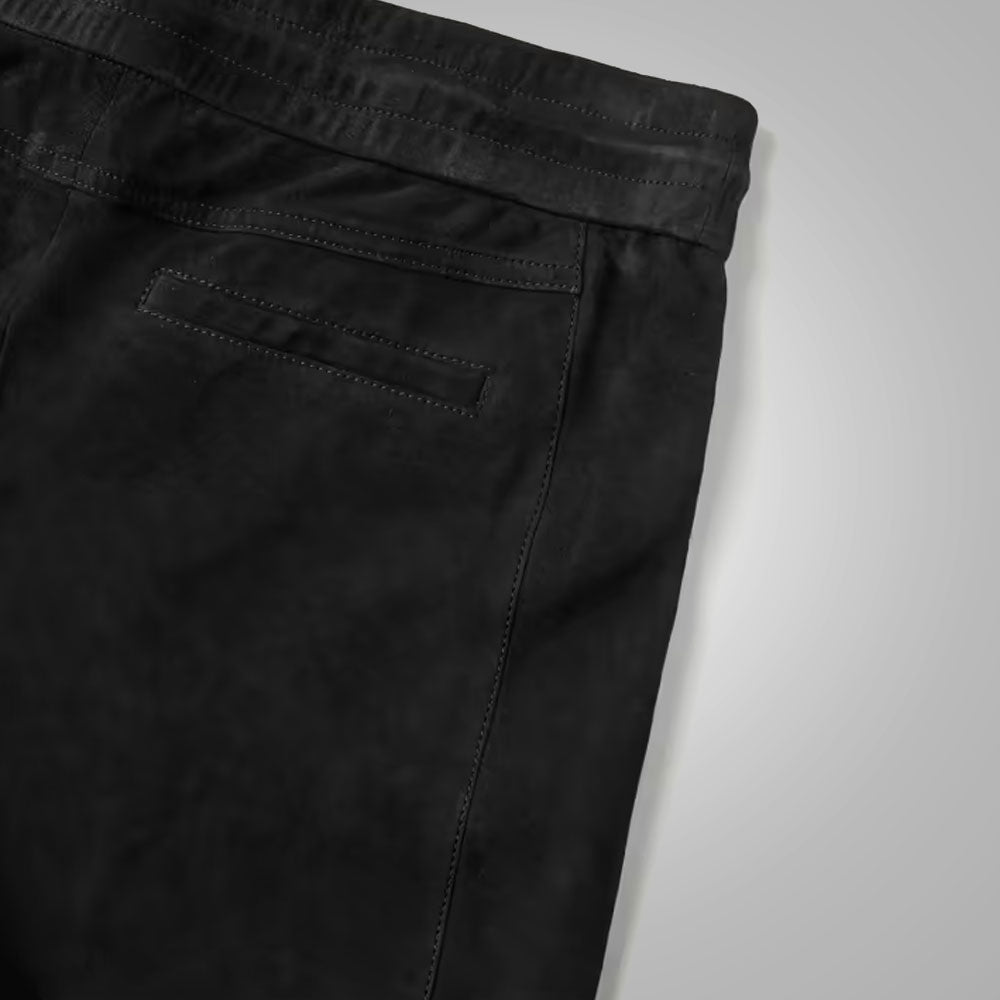men’s black sheepskin leather pants detail view