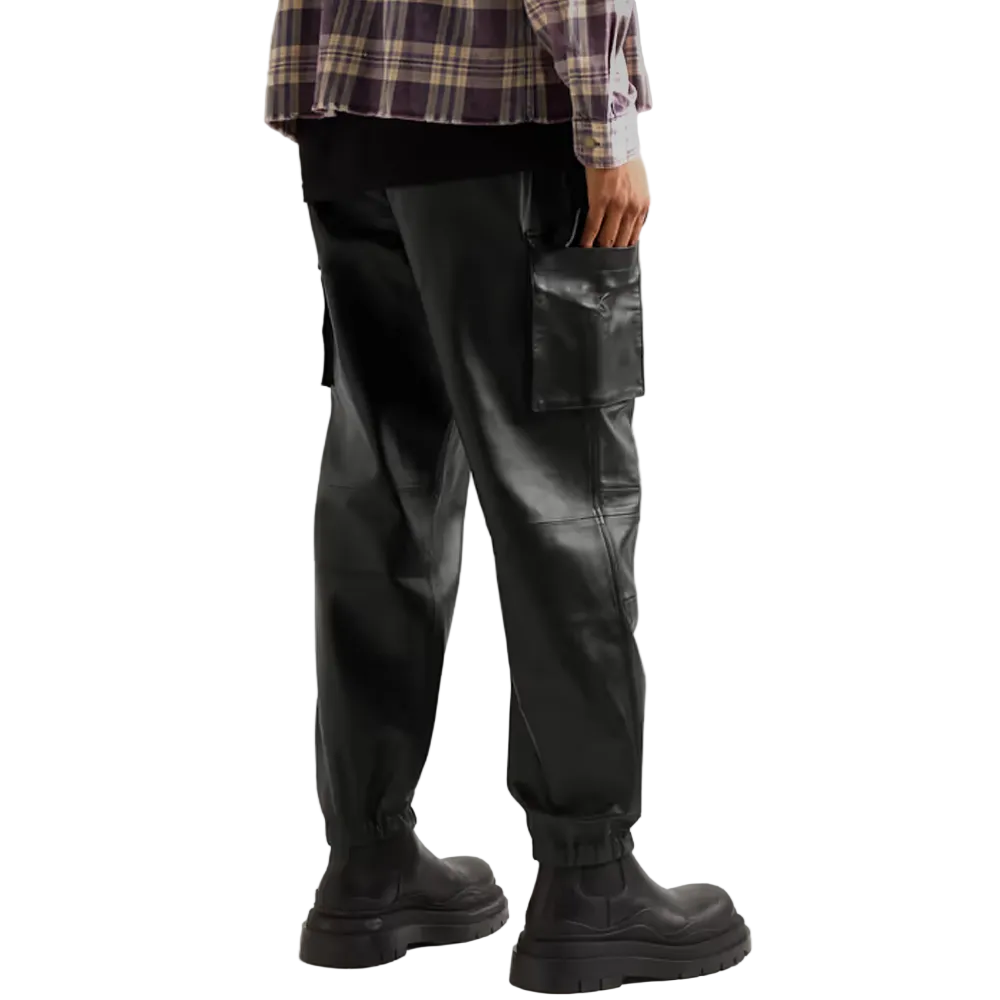 men’s black sheepskin leather pants side angle