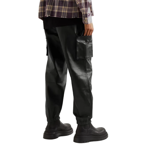 men’s black sheepskin leather pants side angle