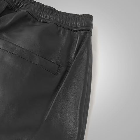 men’s black sheepskin leather pants detail view