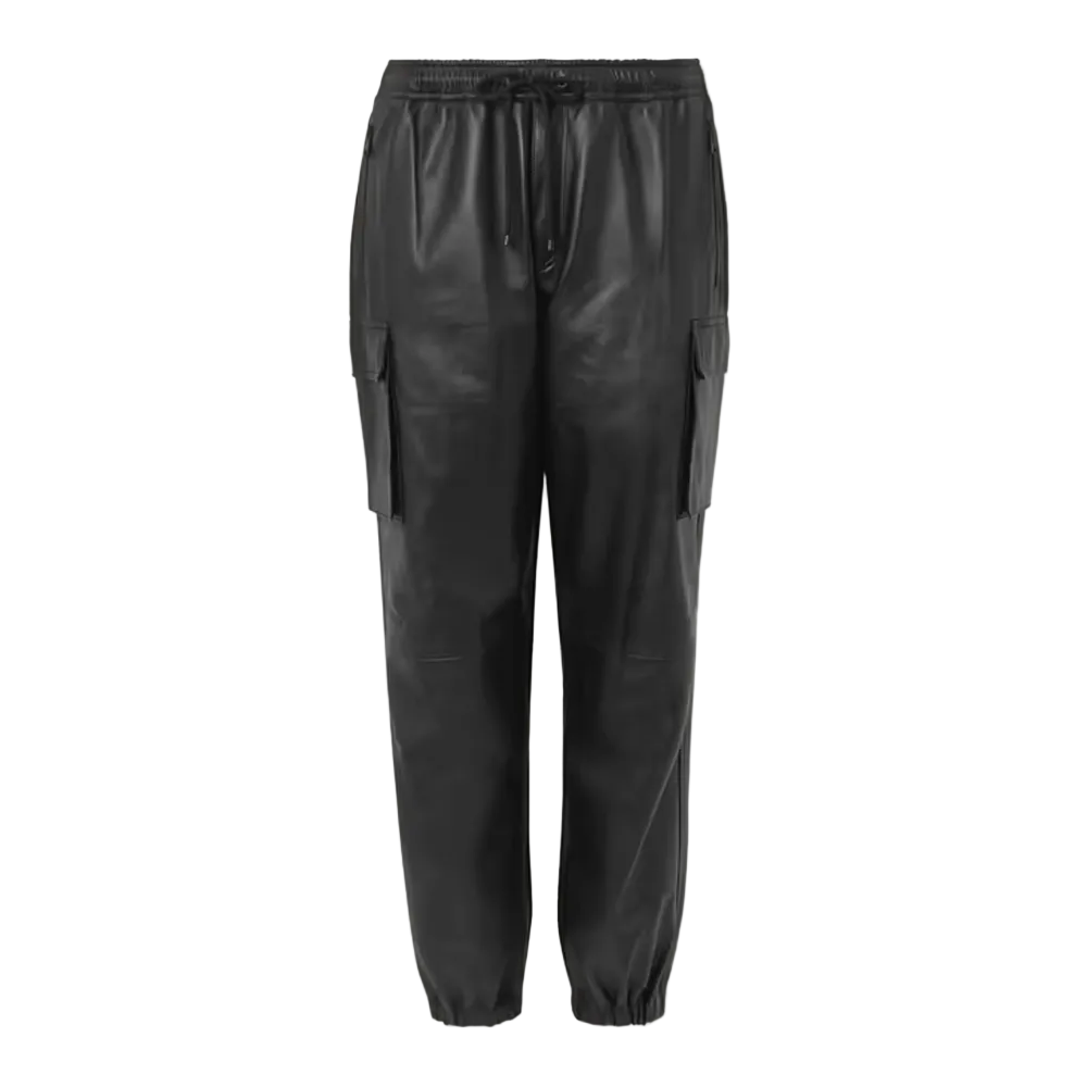 men’s black sheepskin leather pants front view