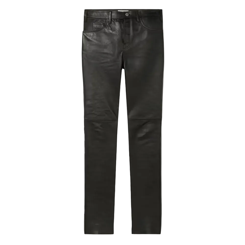 men’s black sheepskin leather pants front view