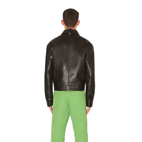 men’s black sheepskin leather trucker jacket side angle