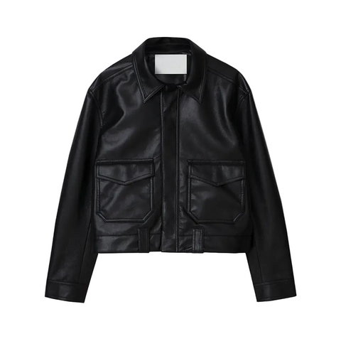 men’s black sheepskin leather trucker jacket front view