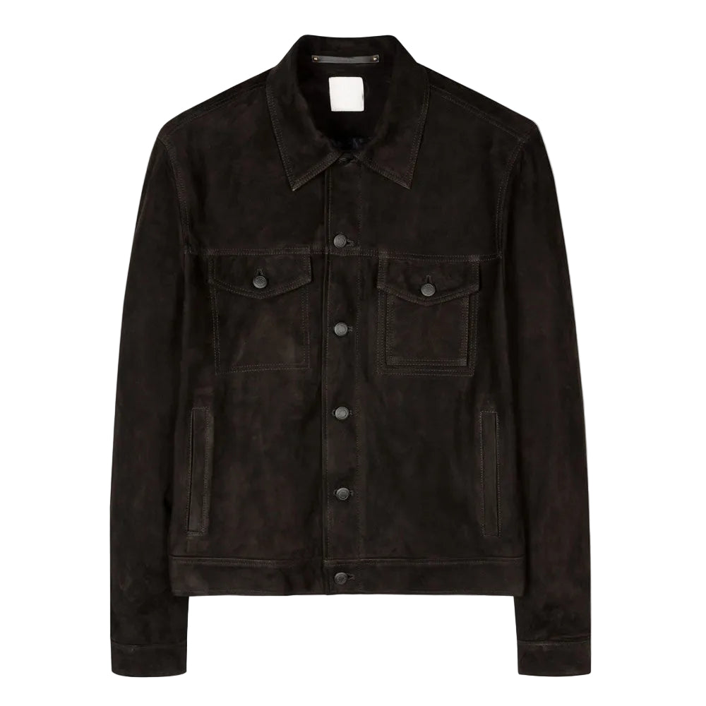 men’s black suede leather trucker jacket front view
