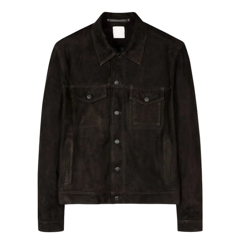 men’s black suede leather trucker jacket front view