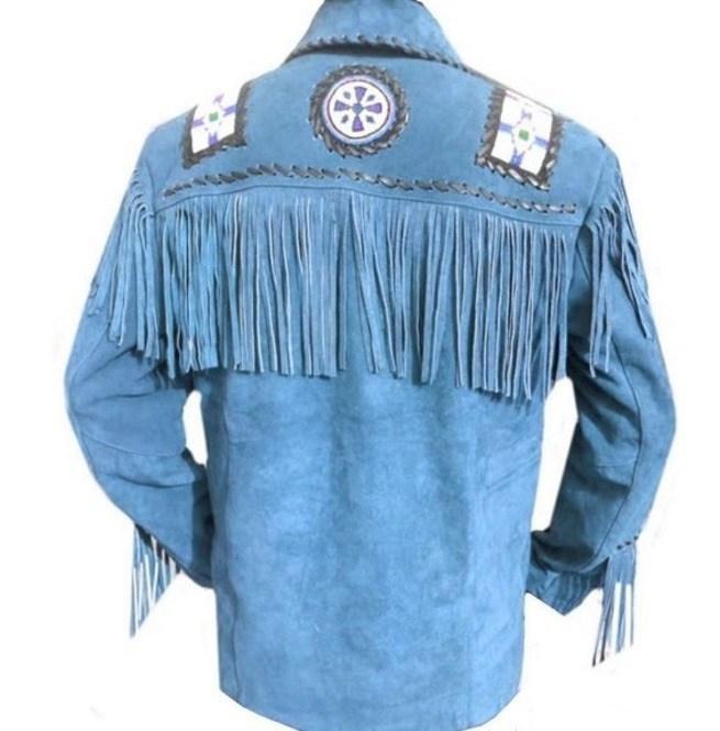 men’s blue suede leather western jacket side angle
