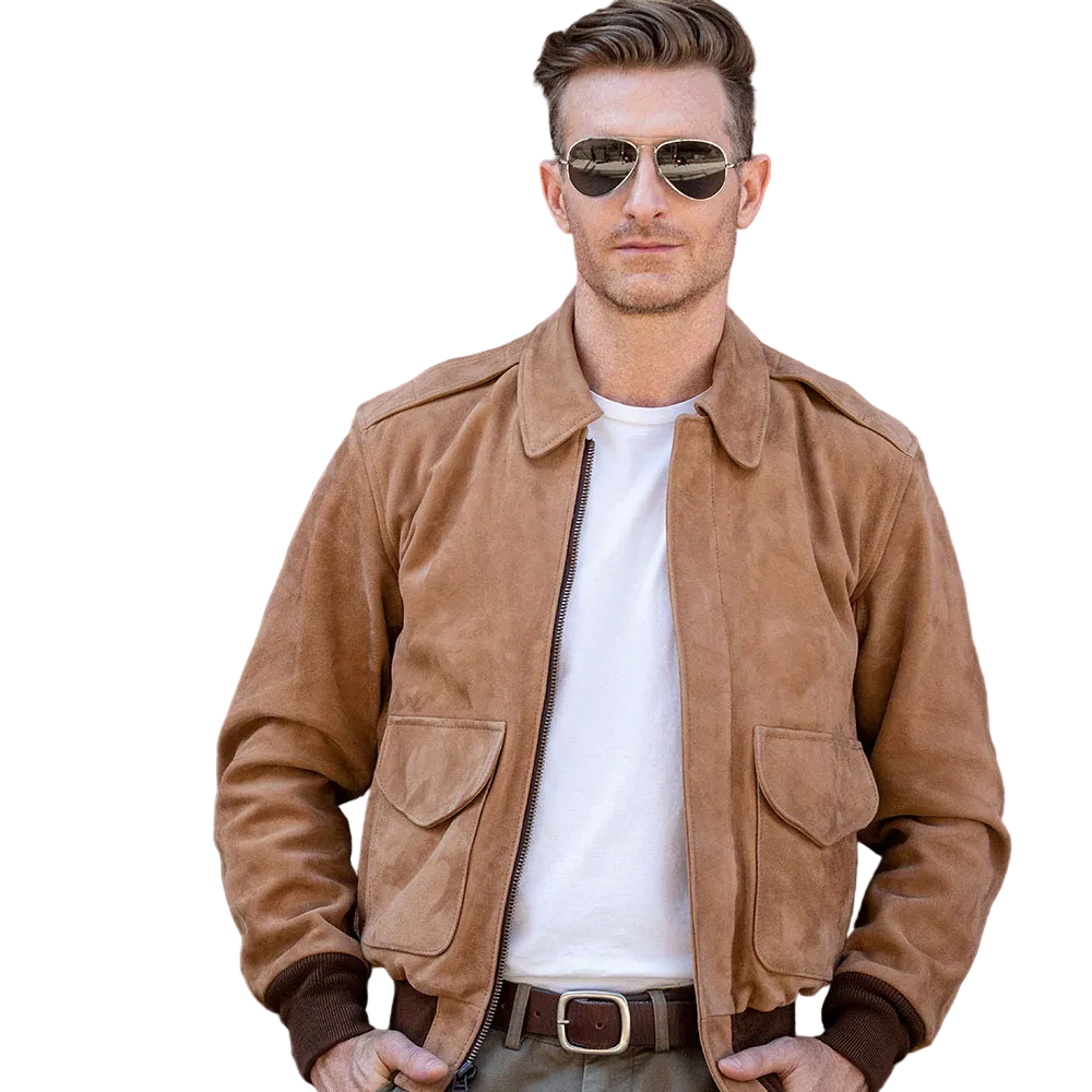 men’s brown sheepskin leather aviator jacket back view