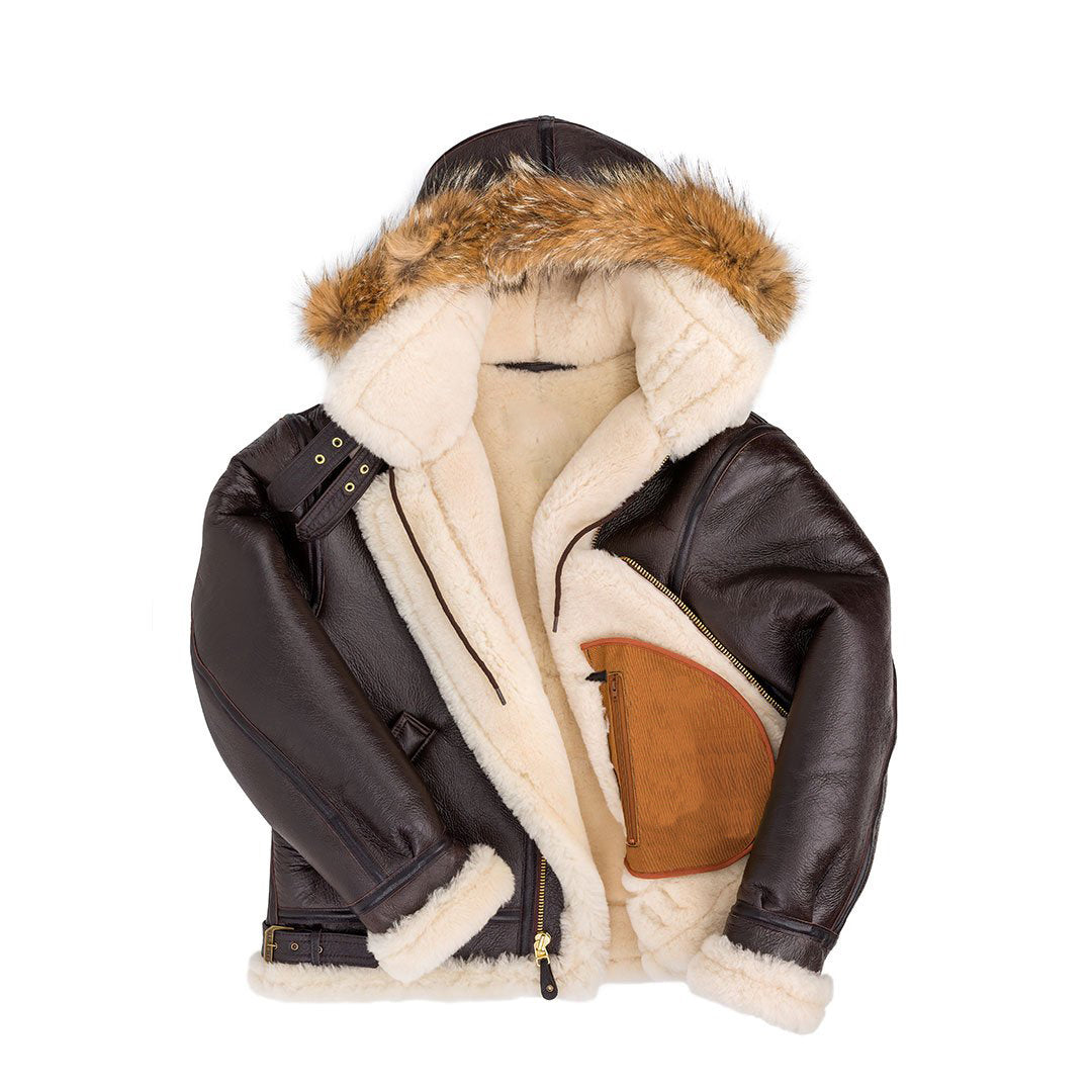 men’s brown sheepskin leather sheepskin coat side angle