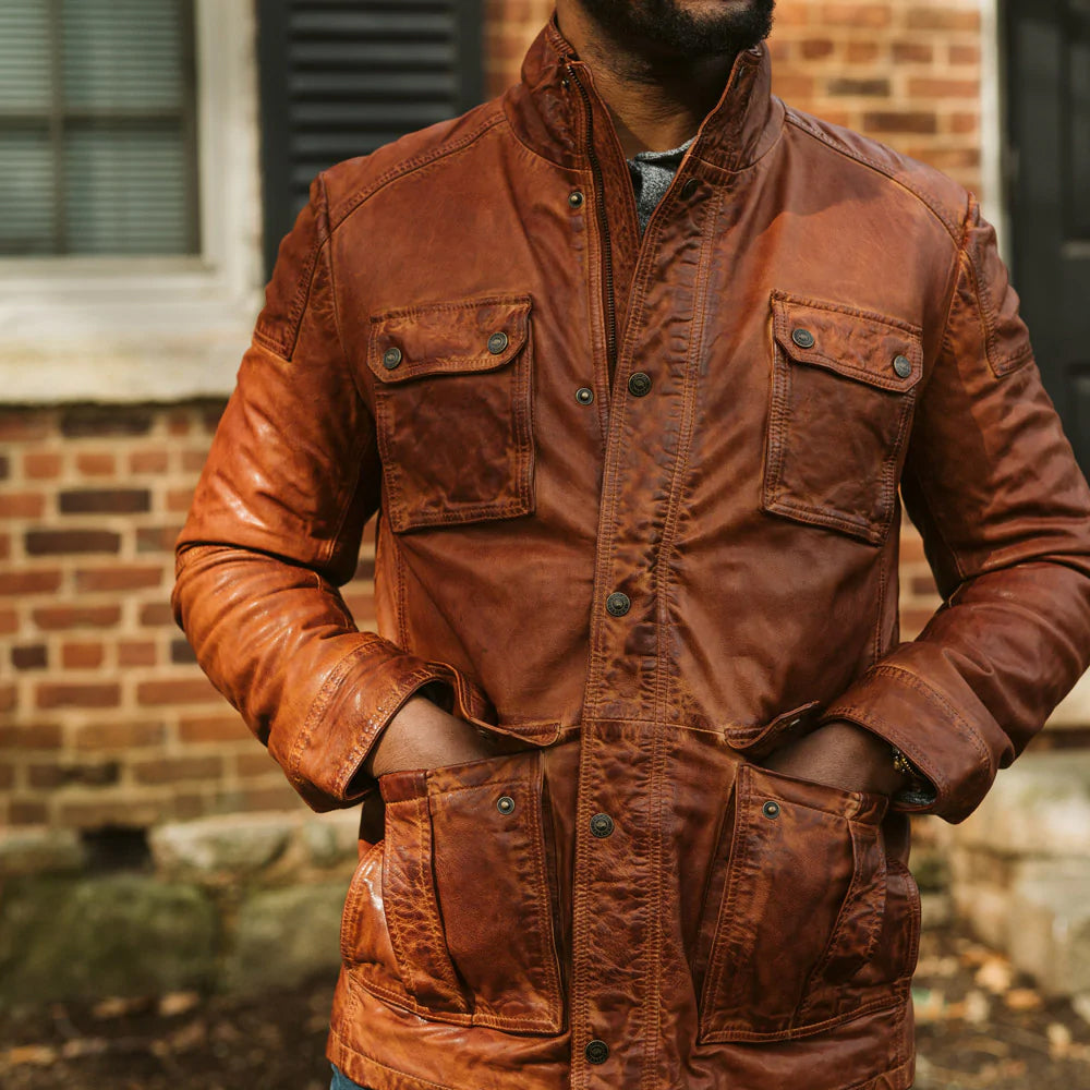 men's brown lambskin leather leather jacket henrik detail close up