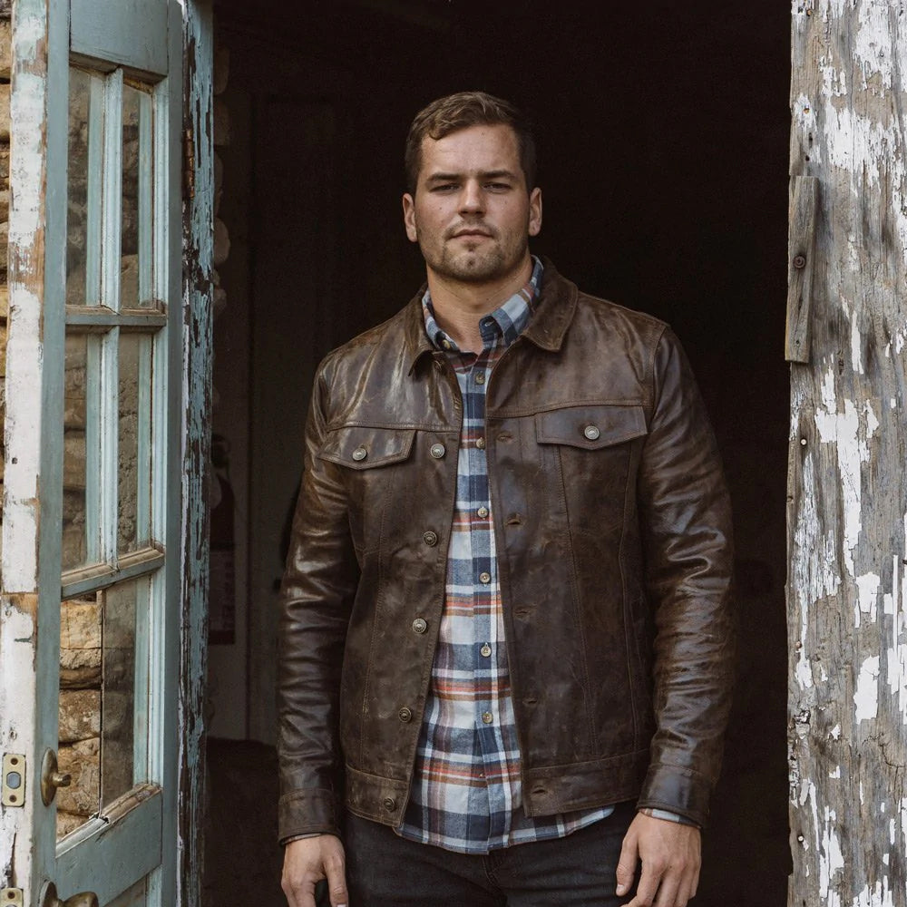 men's brown distressed lambskin leather trucker jacket marlow texture detail