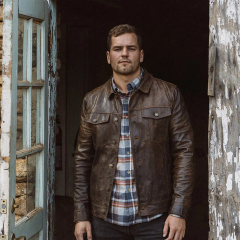 men's brown distressed lambskin leather trucker jacket marlow texture detail