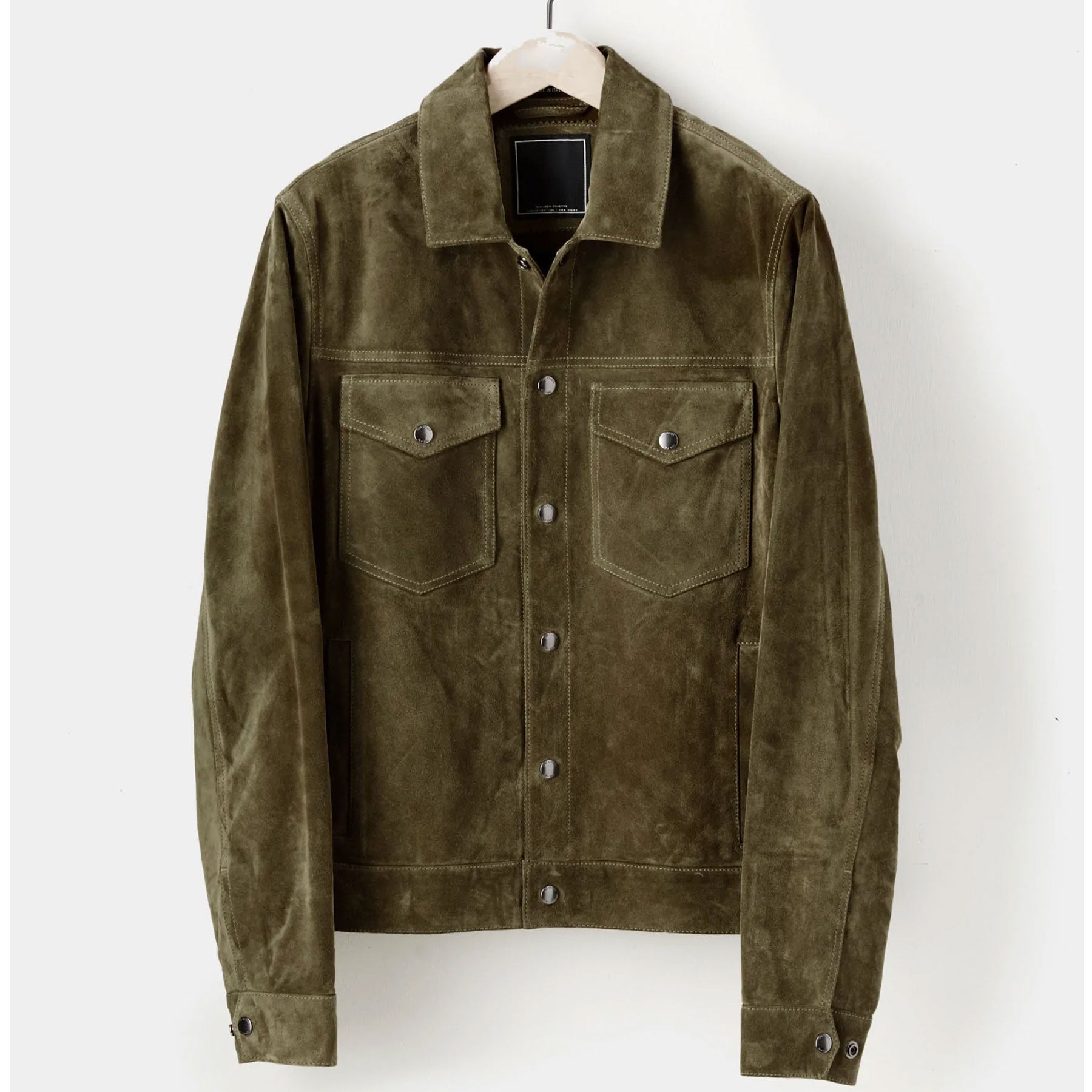 men’s brown suede leather shirt side angle