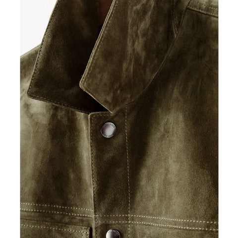 men’s brown suede leather shirt detail view