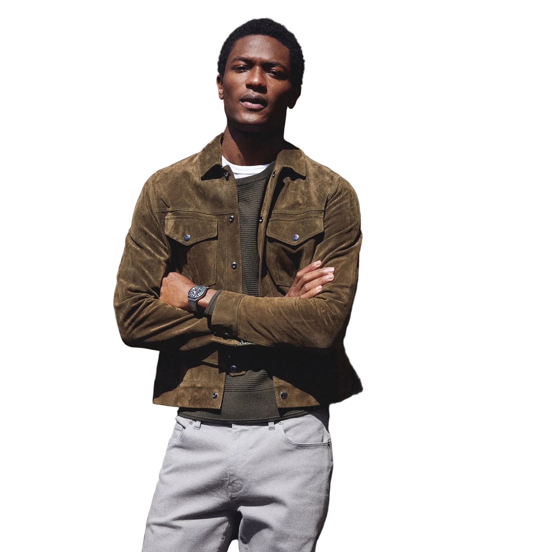 men’s brown suede leather shirt front view