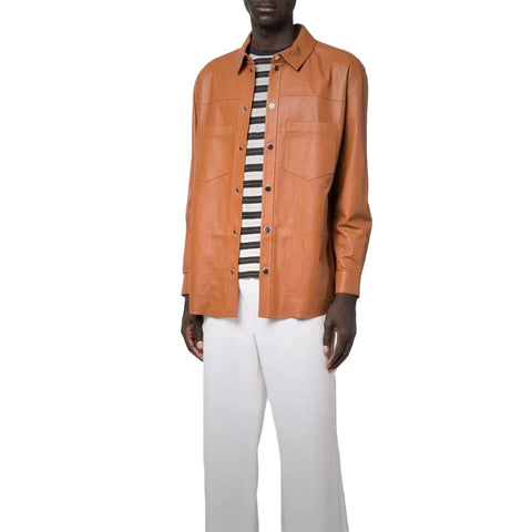 men’s brown sheepskin leather jacket detail view