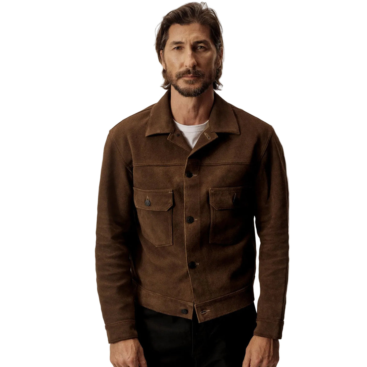 men’s brown suede leather bomber jacket front view
