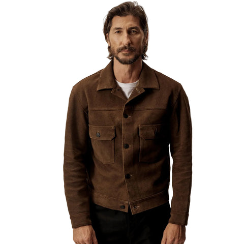 men’s brown suede leather bomber jacket front view