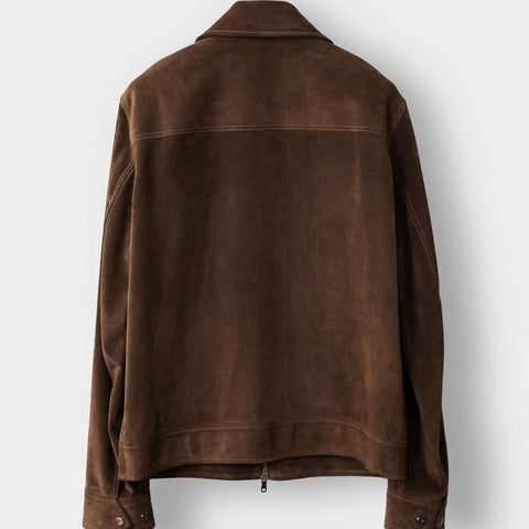 men’s brown suede leather bomber jacket side angle