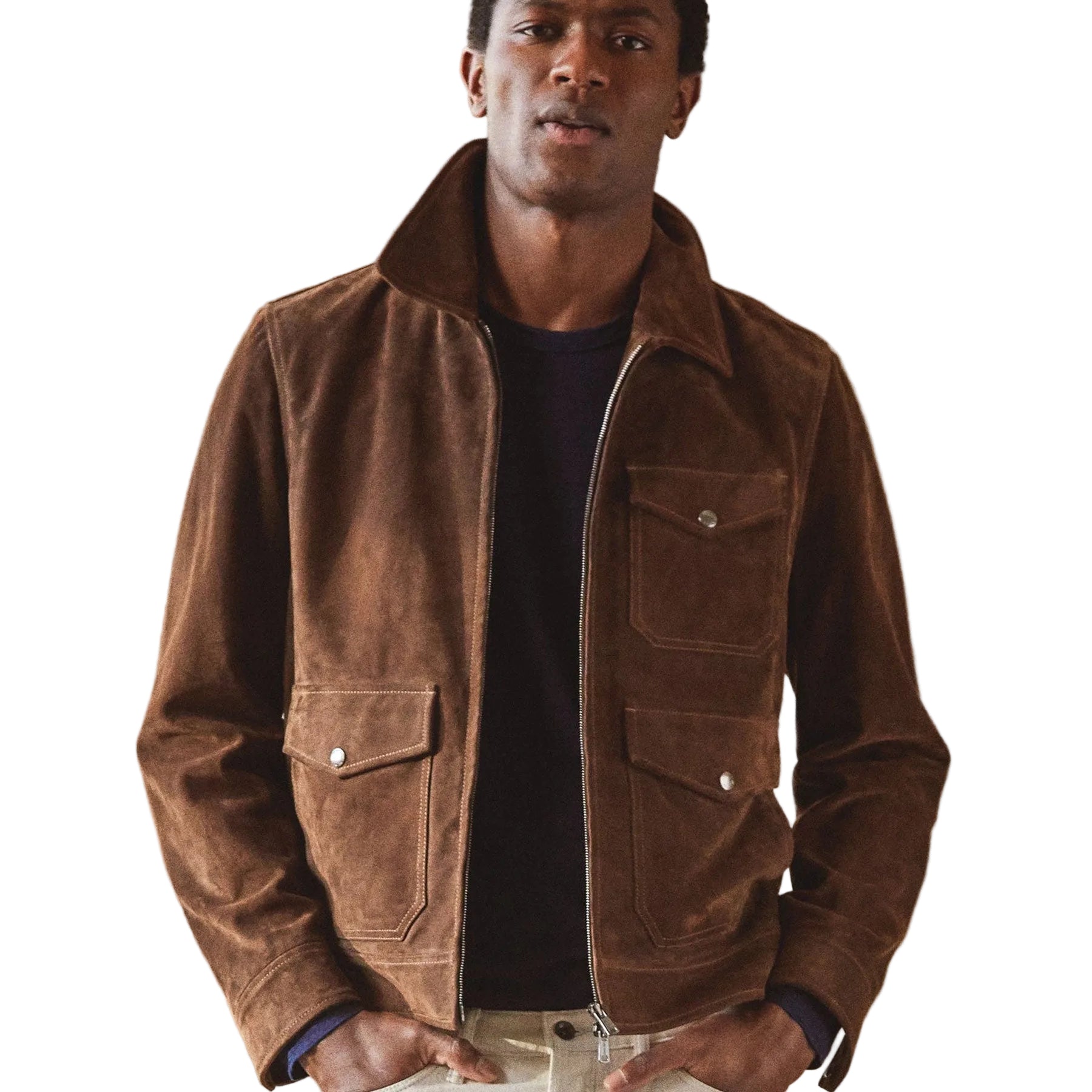 men’s brown suede leather bomber jacket detail view