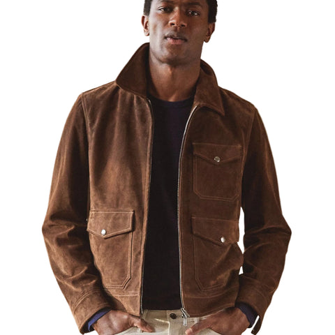 men’s brown suede leather bomber jacket detail view