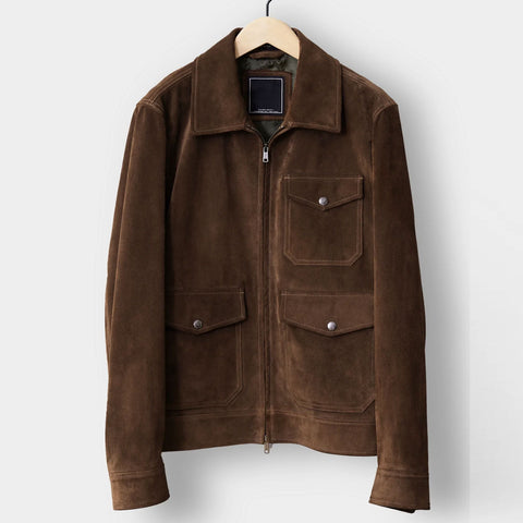 men’s brown suede leather bomber jacket front view