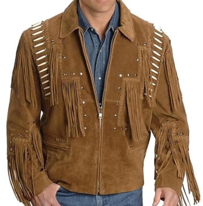 men’s brown suede leather western jacket front view