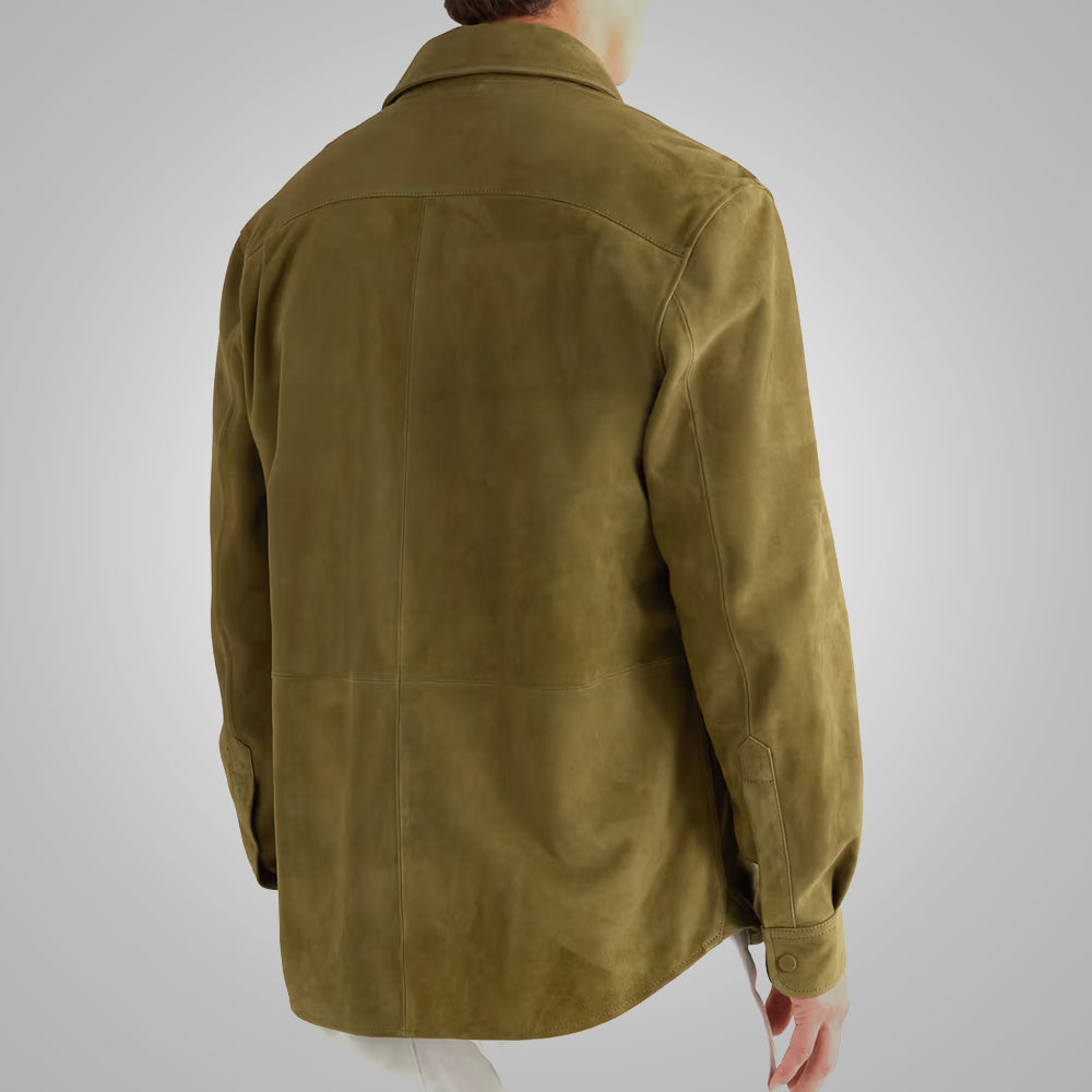 men’s green suede leather shirt side angle
