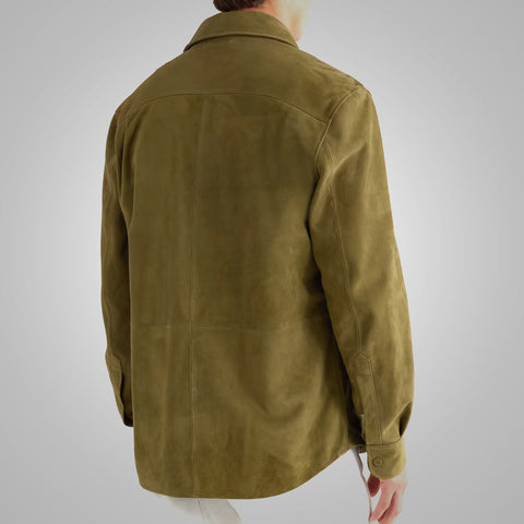 men’s green suede leather shirt side angle