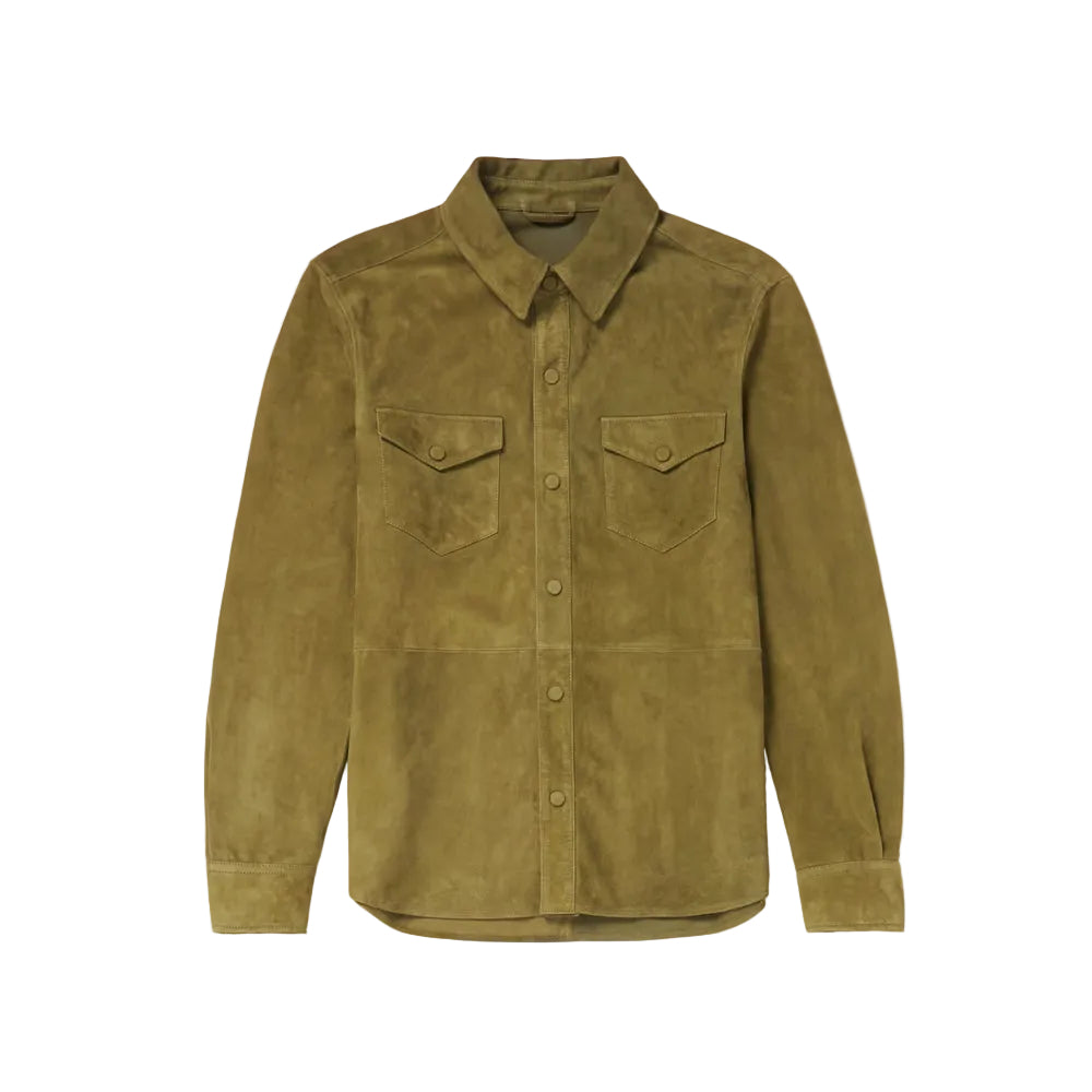 men’s green suede leather shirt front view