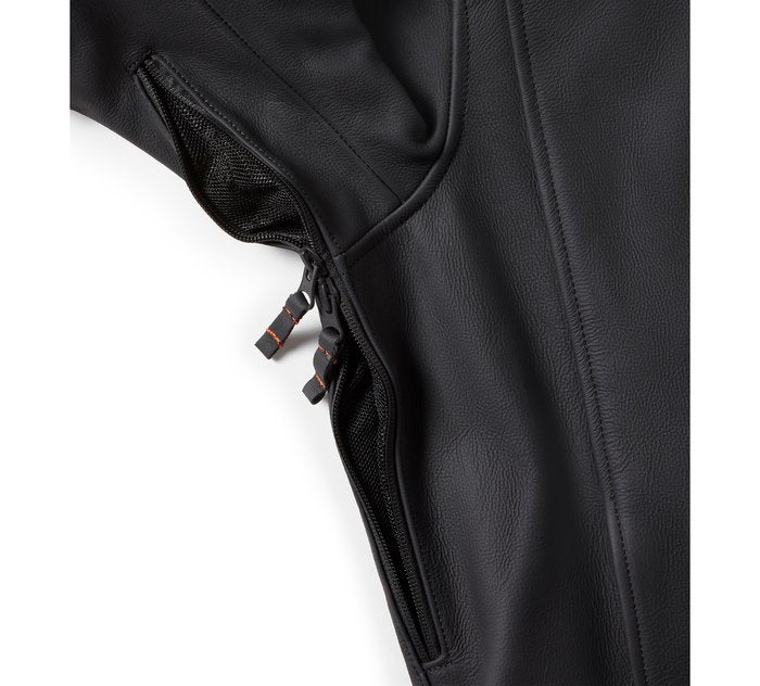men’s black cowhide leather biker jacket detail view